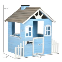 Outsunny Wooden Playhouse for Kids Outdoor with Flower Pot Holders, Door, Windows, Service Stations for 3-7 Years, Blue(m-3)