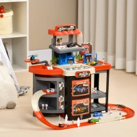 Qaba City Garage Playset with 65 Accessories, 2 in 1 Design Children Trolley, Car Ramp Toy Set with 6 Mini Racer Cars, Gifts for Kids Ages 3-6 Years Old(m-10)