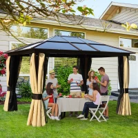 Outsunny 10 x 12ft Garden Outdoor Aluminium Gazebo Hardtop with LED Solar Light Canopy Marquee Party Tent  Shelter with Mesh Curtains & Side Walls(m-4)