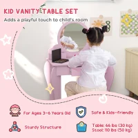 Qaba Makeup Vanity with Mirror and Stool, Cat Design, Drawer, Storage Boxes, for 3-6 Years Old, Pink(m-4)