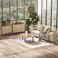 HOMCOM Boho Bedside Tables Set of 2, Nightstands with Drawer, Rattan Cabinet, Adjustable Shelf for Bedroom, Living Room, Oak(m-10)