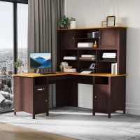 HOMCOM L Shaped Computer Desk with Hutch, 59" Corner Desk, Space Saving Home Office Desk with Storage Shelves, Drawer and Cabinet, Coffee Brown(m-10)