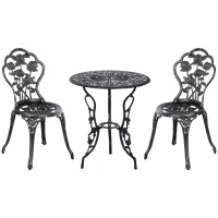 Outsunny 3 Pieces Aluminum Bistro Set, Bistro Table Set Outdoor Patio Furniture with Umbrella Hole, Patio Table and Chairs with Floral Patterns for Garden, Balcony, Porch, Bronze(m-2)