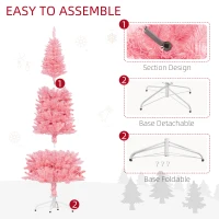HOMCOM 6ft Tall Pencil Artificial Christmas Tree with 479 Branch Tips with Steel Base, Pink(m-6)