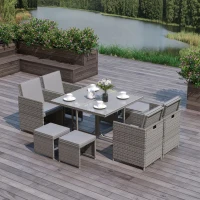 Outsunny 9 Pieces Outdoor Dining Set for 8, Space Saving Wicker Chairs and Square Glass Table with Cushions and Ottomans, Rattan Conversation Patio Furniture Set for Garden, Light Gray/Dark Gray(m-10)