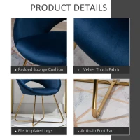 HOMCOM Modern Accent Velvet Chair Open Curved Mid-Back Upholstered Vanity Chair with Gold Plating Metal Legs for Living Room/Office/Reception Blue(m-5)