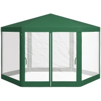 Outsunny 13' x 11' Outdoor Party Tent, Hexagon Sun Shade Shelter Canopy w/ Protective Mesh Sidewalls, Ropes & Stakes, Green(m-1)