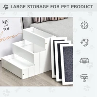 PawHut Pet Steps 3-Step Dog Stairs for Small Dogs Cats and Wooden Ramp with Storage Box Carpet Tread, White(m-5)