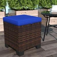 Outsunny 2 Piece Wicker Outdoor Ottomans with Cushions, Rattan Ottoman Footrest and Side Table for Patio, Yard, Poolside, Dark Blue(m-8)