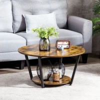 HOMCOM 2-Tier Round Coffee Table with Storage Shelf, Industrial Center Table with Steel Frame for Living Room, Rustic Brown(m-8)