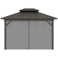 Outsunny 10' x 12' Hardtop Gazebo with Curtains and Netting, Permanent Pavilion Metal Double Roof Gazebo Canopy with Aluminum Frame and Hooks, for Garden, Patio, Backyard, Gray(m-8)