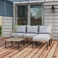 Outsunny 5-Piece Rattan Patio Furniture Set with Sofa, Chaise Lounge, Coffee Table, Footstools, Cushions, Light Gray(m-10)