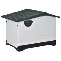 PawHut Plastic Dog House Puppy Kennel Pet Shelter with Raised Base Window Door for Large Medium Dogs Indoor & Outdoor 44"L x 33"W x 31.5"H Grey, White(m-9)