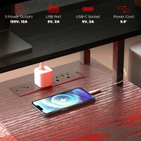 HOMCOM Computer Desk with Power Outlets and LED Lights, 67" Computer Table with File Cabinet and Fabric Drawers, Black(m-6)