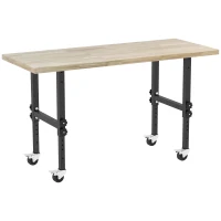 HOMCOM 59" Work Bench with Height Adjustable Legs, Bamboo Tabletop Workstation Tool Table on Wheels for Garage, Weight Capacity 1320 Lbs, Black/Natural(m-1)