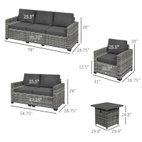 Outsunny Patio Furniture Set, Cushions, Sofa, Loveseat, Fire Pit Table, Gray(m-3)