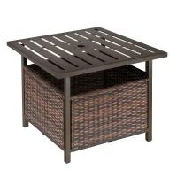 Outsunny 21.75" Outdoor Rattan Wicker Patio Coffee Table with Umbrella Hole, Patio Side Table with Slatted Metal Top, Brown(m-2)