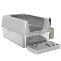 PawHut High Sided Stainless Steel Litter Box with Metal Scoop & Scoop Holder, for Easy Clean& Anti-Urine Leakage, Light Gray(m-1)