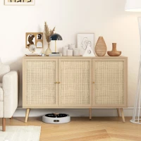 HOMCOM Kitchen Sideboard Cabinet, Boho Storage Cabinet with Shelves, Wood Legs, Decorative Rattan Doors, Natural(m-1)