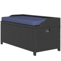 Outsunny Wicker Storage Bench Deck Box with Comfortable Cushion Navy Blue(m-1)