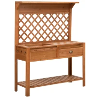 Outsunny Garden Potting Bench, Outdoor Wooden Workstation Table w/ Metal Screen, Drawer, Hooks, Storage Shelf, and Lattice Back for Patio, Backyard and Porch(m-2)