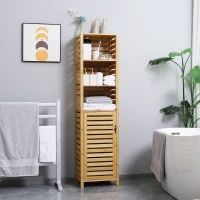 kleankin Tall Bathroom Storage Cabinet with 3 Open Shelves, Slim Bamboo Linen Tower Freestanding Linen Towel with Slatted Door, Natural(m-9)