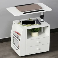 HOMCOM Modern End/Side Table for Living Room with a 360° Adjustable Height Tabletop & Storage Drawers, White(m-10)