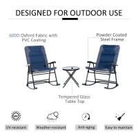 Outsunny 3pc Patio Foldable Rocking Chair Set, Outdoor Rocking Chairs and Table Bistro Set w/ Padded Seat, Headrest, Backrest for park, backyard, garden, Blue(m-7)