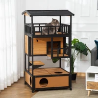 PawHut Wooden Outdoor Cat House, Feral Cat Shelter Kitten Condo with Asphalt Roof, Escape Doors, Condo, Jumping Platform, Yellow(m-10)