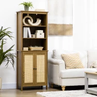 HOMCOM Rustic Bookshelf with Cabinet & Rattan, Tall Bookshelf Library, Wooden Bookcase with Doors and Shelves, Study Living Room Home Office, Walnut(m-10)
