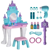 Qaba Kids Vanity Set with Mirror and Stool, Light, Music, Castle Design Makeup Table for Girls 3-6 Years, Multicolor(m-11)