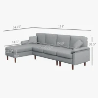 HOMCOM L Shape Sofa, Modern Sectional Couch with Reversible Chaise Lounge, Pillows and Wooden Legs for Living Room, Gray(m-3)