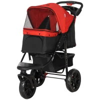 PawHut 3 Wheel Folding Dog Stroller, Travel Carrier with Adjustable Canopy, Storage Brake, Mesh Window for S&M Dogs, Red(m-2)