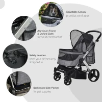 PawHut Pet Stroller Foldable Dog Cat Travel Carriage with Adjustable Handlebar PVC Wheel Brake Storage Bag Mesh Window Safety Leash Aluminum Grey(m-8)