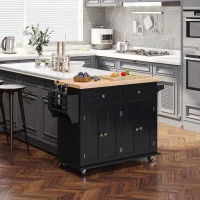 HOMCOM Rolling Kitchen Island with Rubber Wood Top and Storage, Spice Rack, Towel Rack, Black(m-1)