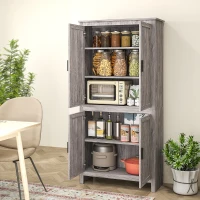 HOMCOM 64" 4-Door Kitchen Pantry, Freestanding Storage Cabinet with 3 Adjustable Shelves for Kitchen, Gray Oak(m-10)