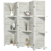 HOMCOM 5 Panel 67" Tall Wood Privacy Screen Room Divider with 3 Shelves and Folding Storage for Bedroom, Distressed White(m-1)