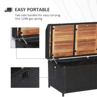 Outsunny Patio Wicker Storage Bench, Outdoor PE Rattan Patio Furniture, Air Strut Assisted Easy Open, 2-in-1 Large Capacity Rectangle Basket Box with Handles & Wooden Seat, Black(m-5)