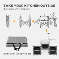 Outsunny Aluminum Camping Kitchen, Portable Folding Camping Table with Fabric Cupboards, Windshield, Bag for BBQ, Picnic, Gray(m-6)