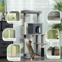 PawHut 52 Inch Cat Tree with Scratching Posts, Cat Bed, Condo, Grooming Brush, Jumping Platforms, Toy Balls, Anti-tip Kit(m-5)