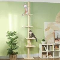 PawHut 89"-108" Floor to Ceiling Cat Tree with Scratching Post, Hand Crank & Anti-tip Kit, Cream White(m-2)