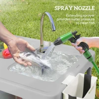 Outsunny Folding Fish Cleaning Table with Sinks, Portable Camping Sink Table with Faucet, Drainage Hose, Sprayer, Shelf, Drawer and Storage Basket, Outdoor Fillet Table for Picnic Beach Patio, Gray(m-5)