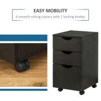 HOMCOM 3 Drawer Mobile File Cabinet with Wheels, Wood Filing Cabinet for Home Office, Rolling Under Desk Cabinet, Black Wood Grain(m-5)