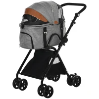 PawHut 2 in1 Foldable Pet Stroller and Detachable Travel Carriage with Lockable Wheels, Adjustable Handlebar Canopy and Zippered Mesh Window Grey(m-11)
