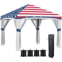 Outsunny 10' x 10' Pop Up Canopy Tent with Netting, Instant Tents for Parties, Height Adjustable, with Wheeled Carry Bag and 4 Sand Bags for Outdoor, Garden, Patio, American Flag(m-1)