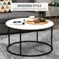 HOMCOM Round Coffee Table Sofa Side Table with a Modern Design, Black Metal Frame and Easy Maintenance, White(m-5)