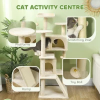 PawHut 54" Cat Tree, Multi-Level Cat Tower with Scratching Posts, Cat Condos, Bed, Platforms, Ramp, Toy Ball, Beige(m-4)
