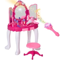 Qaba Infrared Remote Control Kids Vanity Set, Girls Pretend Dressing Table Set with Magic Wand, Music, Lightening, Cosmetic Mirror, Hair Dryer and Makeup Accessories(m-11)