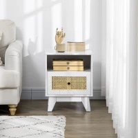 HOMCOM Bedside Table with Rattan Element, Side End Table with Drawer and Shelf, 17.7"x15.4"x22.2", White(m-7)