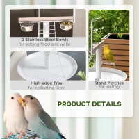 PawHut Bird Stand with Wheels, Perches, Feed Bowls, Round Tray for Parrot(m-6)